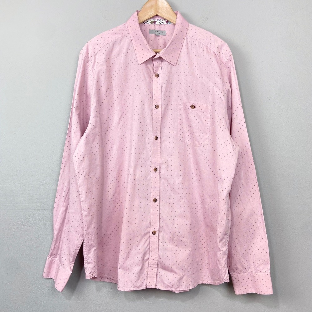 Ted Baker Button Down Shirt Mens Size 7 3XL Eldon Pink Micro Dot Preppy Dressy